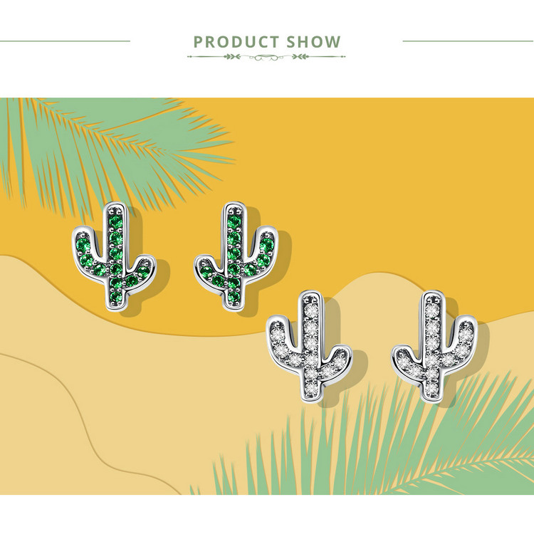 Miniature Crystal Cactuses Silver Stud Earrings