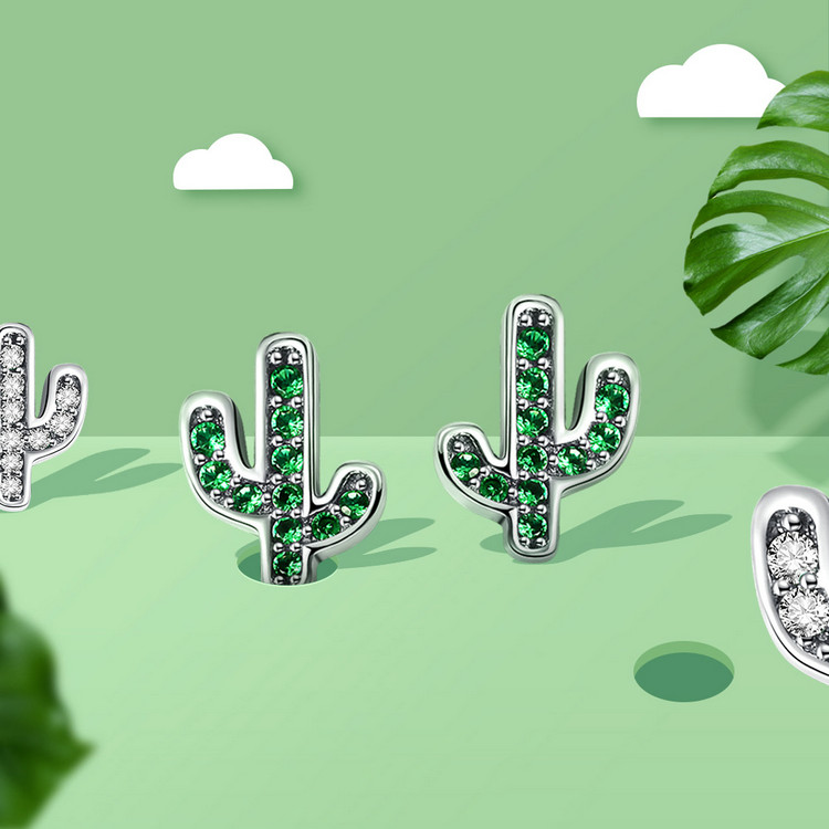 Miniature Crystal Cactuses Silver Stud Earrings