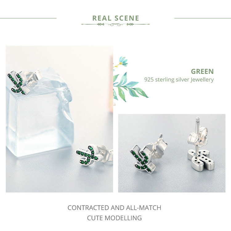 Miniature Crystal Cactuses Silver Stud Earrings